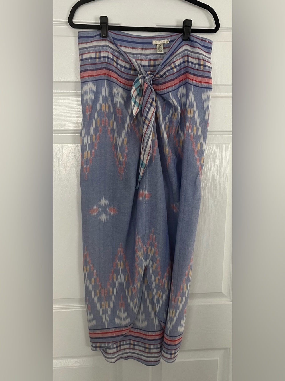 Indah Ikat Blue and Red Striped Cotton Skirt with Waist Tye